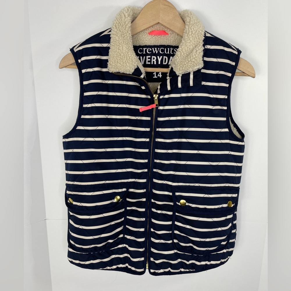 Crew cuts J Crew striped quilted puffer vest fur lined Sz 14